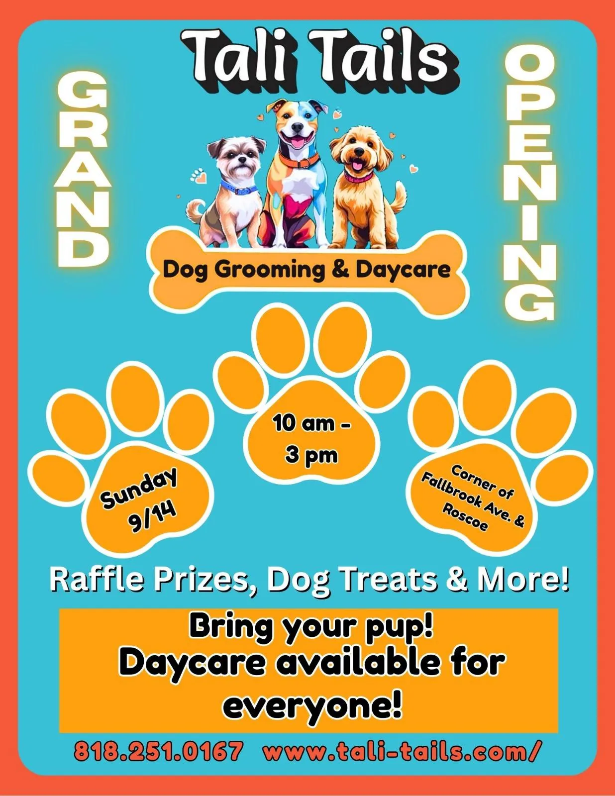 Flyer for the opening event of Tali Tails in West Hills on Sunday 9/14/2025, 10am-3pm.